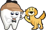 Cartoon tooth in a beanie smiling beside a happy yellow dog, both on a white background