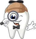 Cartoon tooth dressed as detective with magnifying glass, deerstalker hat, and bow tie, winking.